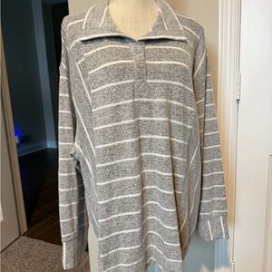 Women’s Plus Size Gray and White Striped Long Sleeve Shirt